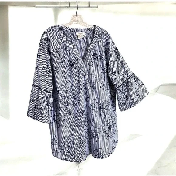 Tru Luxe Jeans XL Top Striped Floral Embroidered Pullover Boho-Chic Blouse - Picture 13 of 14